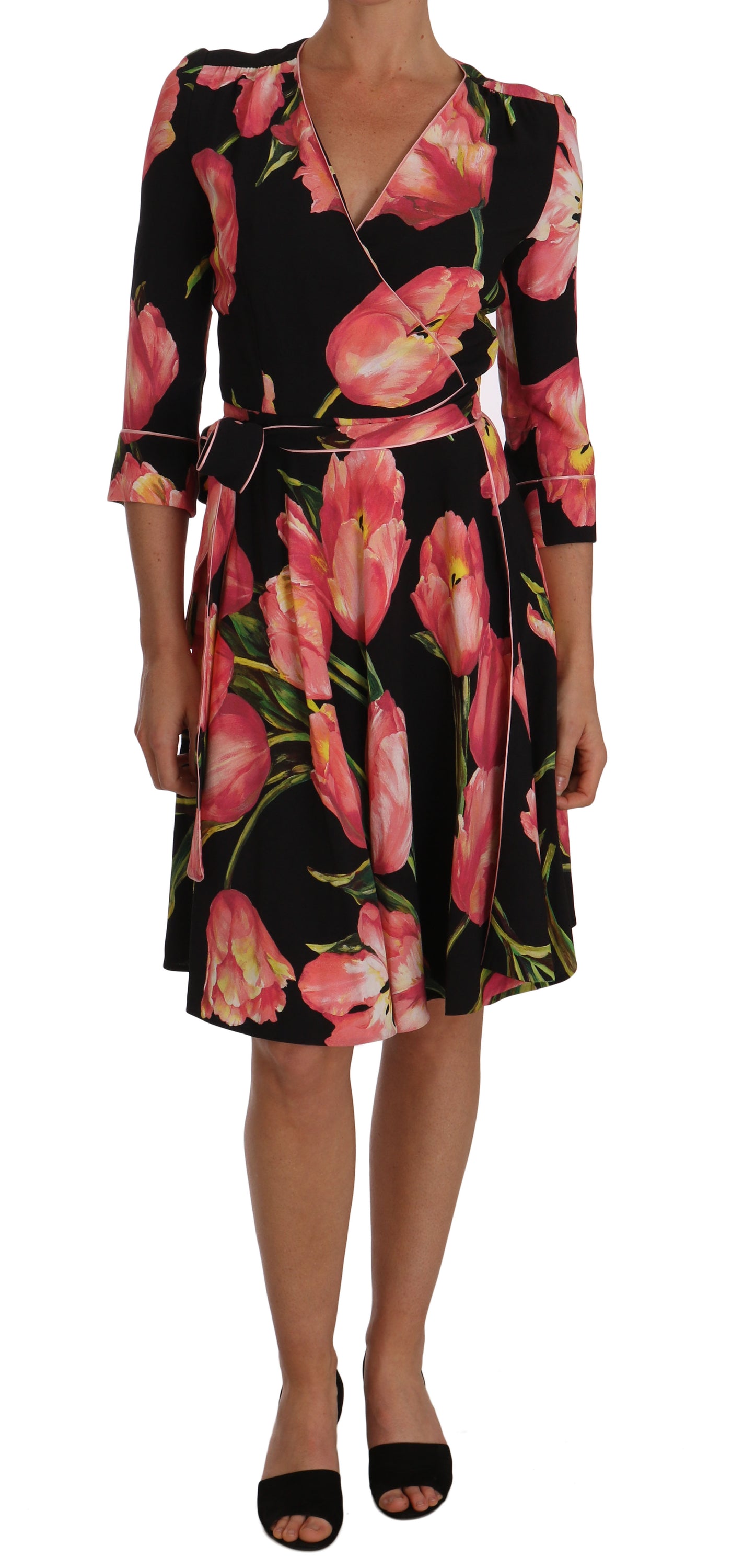 Robe fourreau Dolce & Gabbana en tissu stretch noir à imprimé tulipes roses