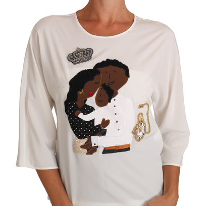T-shirt en soie blanche Dolce & Gabbana #dgfamily à cristaux