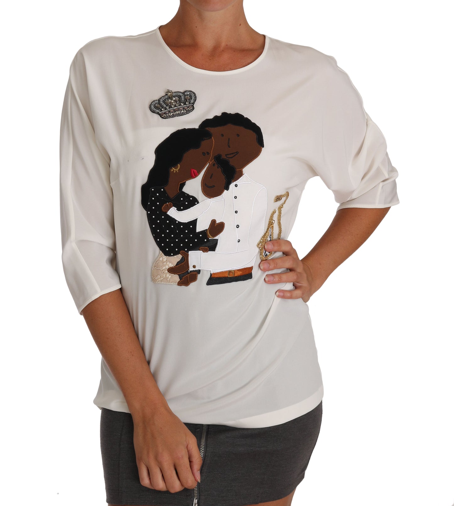 T-shirt en soie blanche Dolce & Gabbana #dgfamily à cristaux