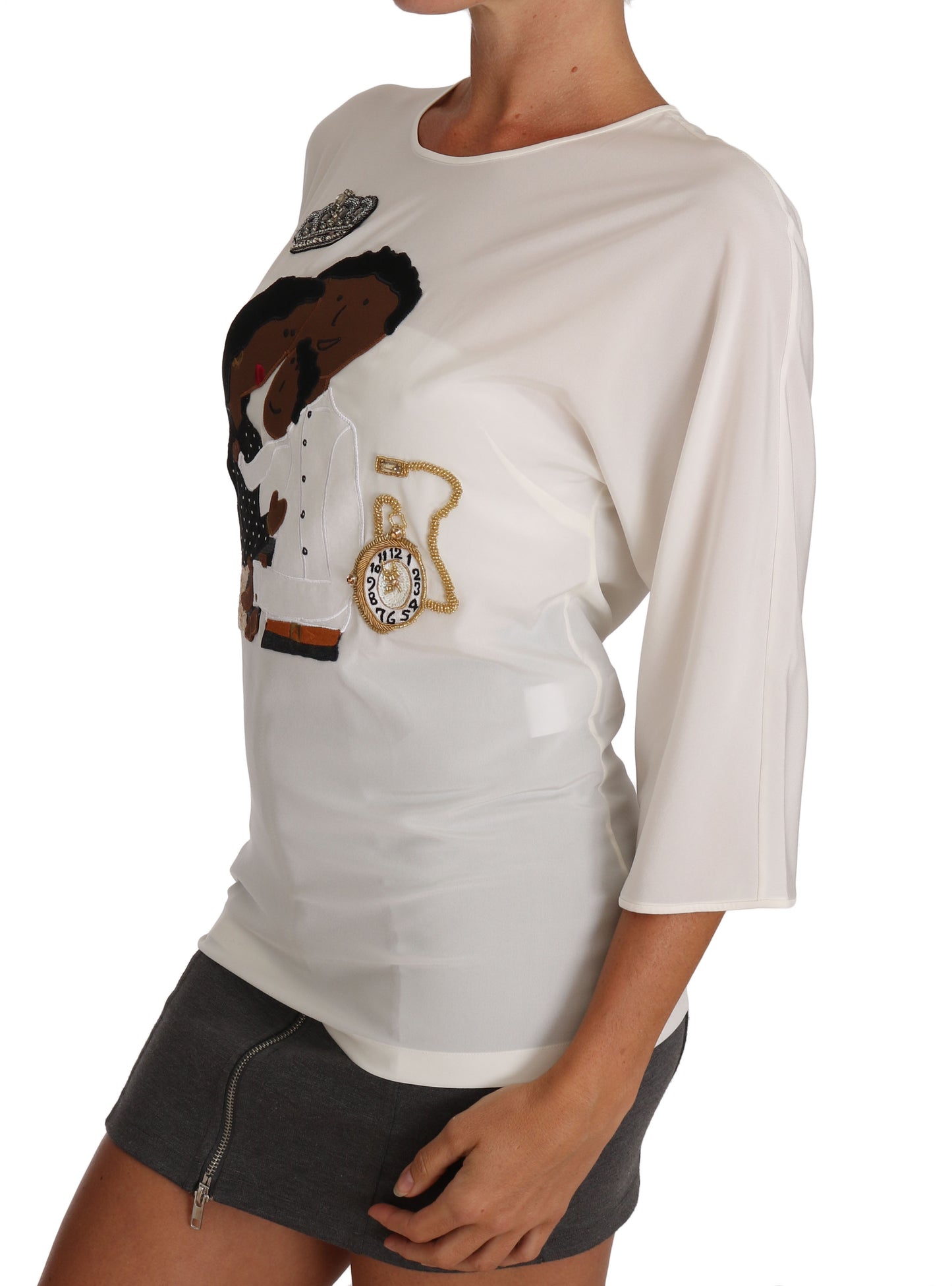 T-shirt en soie blanche Dolce & Gabbana #dgfamily à cristaux