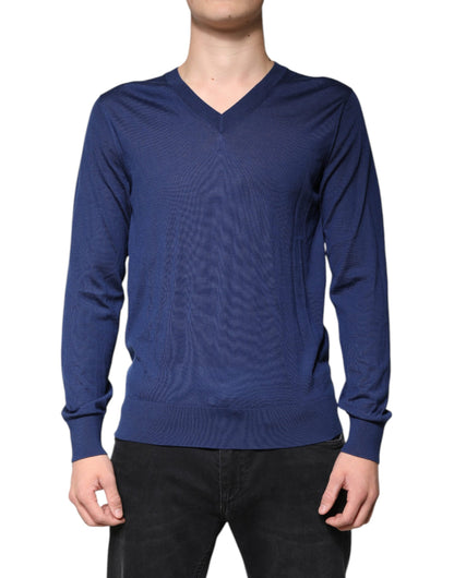 Pull-over à col en V en cachemire bleu marine Dolce & Gabbana