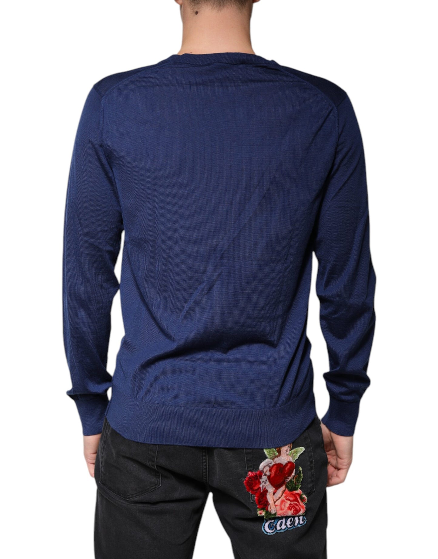Pull-over à col en V en cachemire bleu marine Dolce & Gabbana