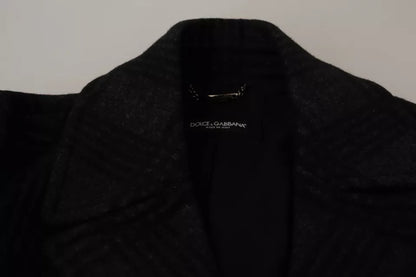 Dolce & Gabbana Abrigo Gabardina Negra con Cuadros de Lana