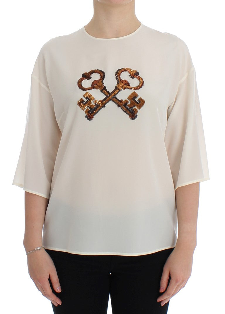 Dolce & Gabbana Blouse en soie blanche à sequins avec clé, t-shirt, haut