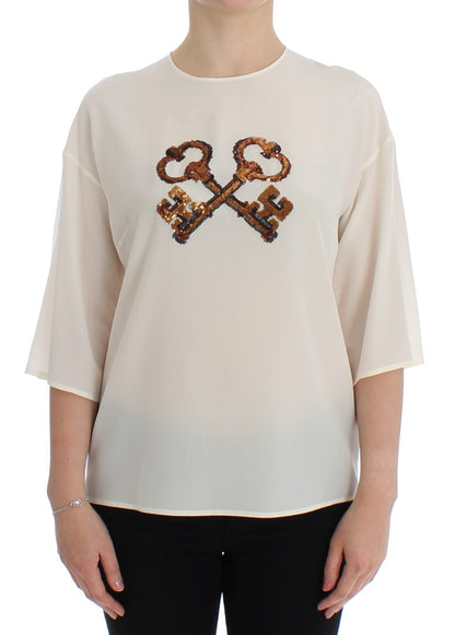 Dolce & Gabbana Blouse en soie blanche à sequins avec clé, t-shirt, haut