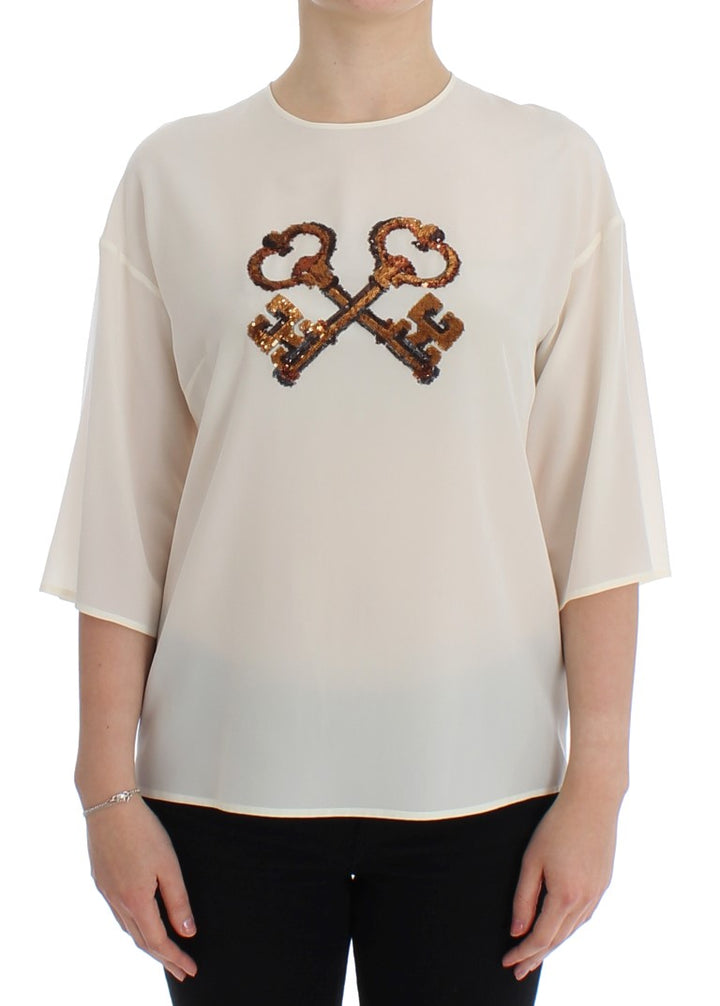 Blusa Camiseta de Seda Blanca con Lentejuelas de Llave Dolce & Gabbana