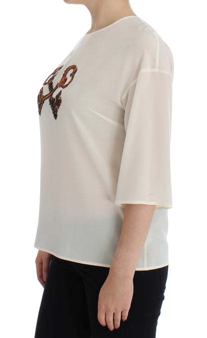 Dolce & Gabbana Blouse en soie blanche à sequins avec clé, t-shirt, haut