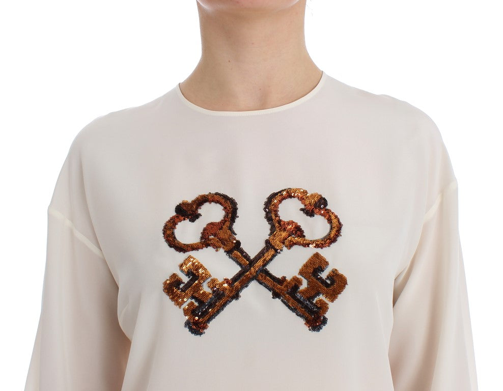 Dolce & Gabbana Blouse en soie blanche à sequins avec clé, t-shirt, haut