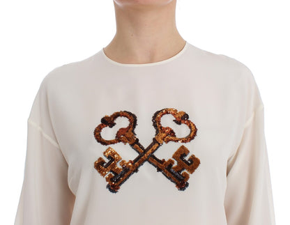 Dolce & Gabbana Blouse en soie blanche à sequins avec clé, t-shirt, haut