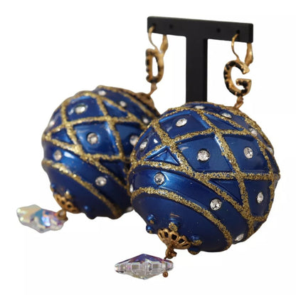 Boucles d'oreilles pendantes Dolce & Gabbana en laiton doré, boule de Noël bleue et cristaux