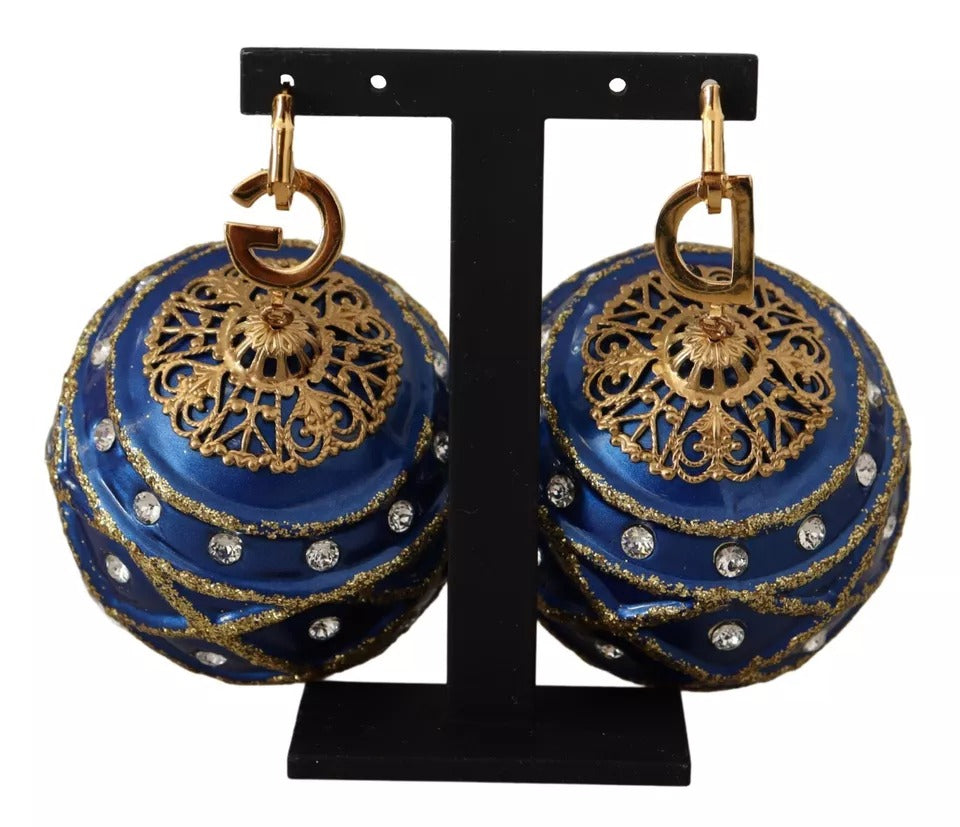 Boucles d'oreilles pendantes Dolce & Gabbana en laiton doré, boule de Noël bleue et cristaux
