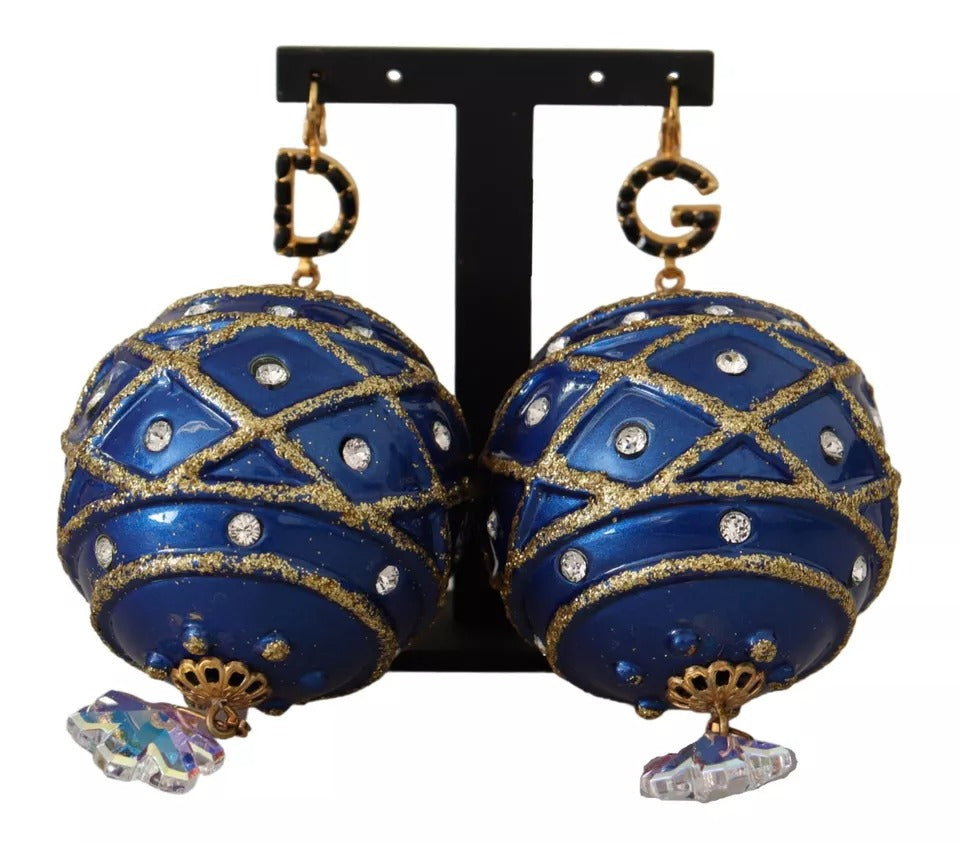 Boucles d'oreilles pendantes Dolce & Gabbana en laiton doré, boule de Noël bleue et cristaux