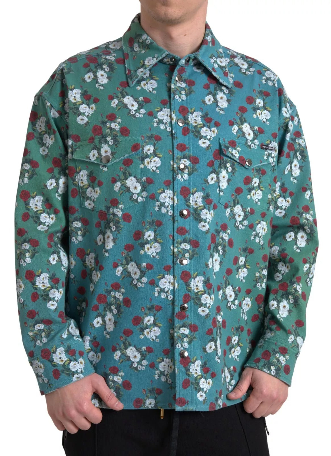 Camisa vaquera de algodón con botones, estampado floral azul de Dolce & Gabbana