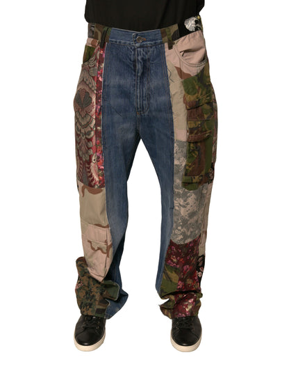 Jean en denim droit en coton patchwork bleu Dolce & Gabbana
