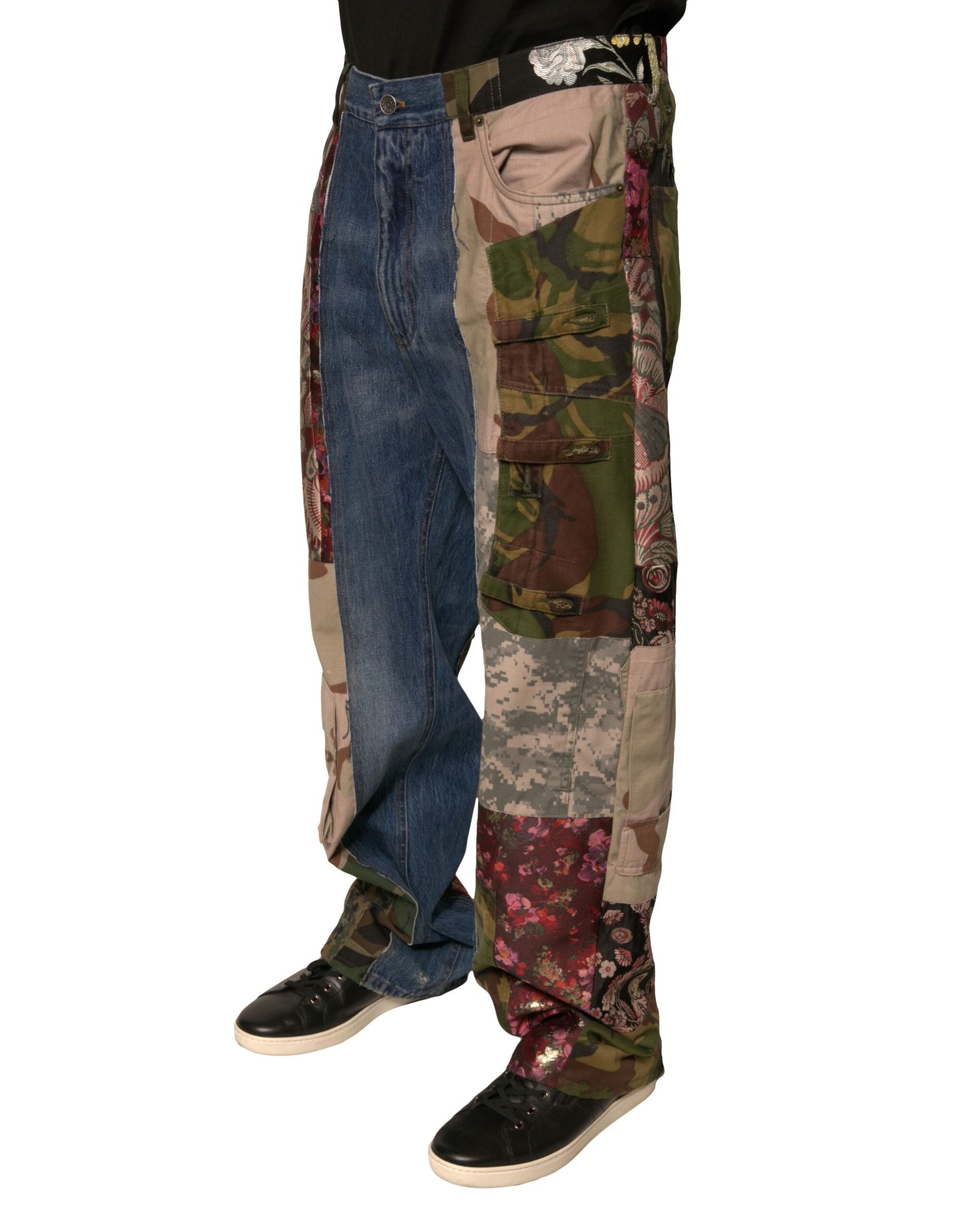 Jean en denim droit en coton patchwork bleu Dolce & Gabbana