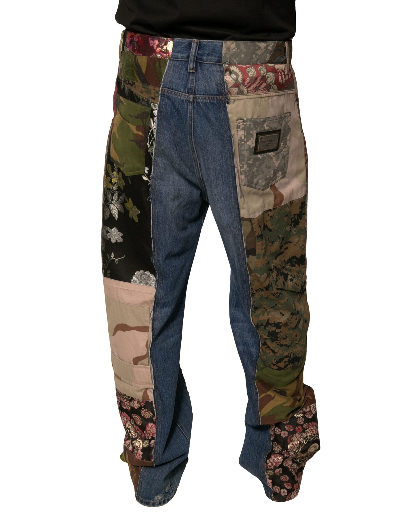 Jean en denim droit en coton patchwork bleu Dolce & Gabbana