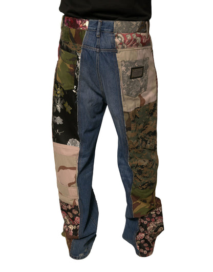 Jean en denim droit en coton patchwork bleu Dolce & Gabbana