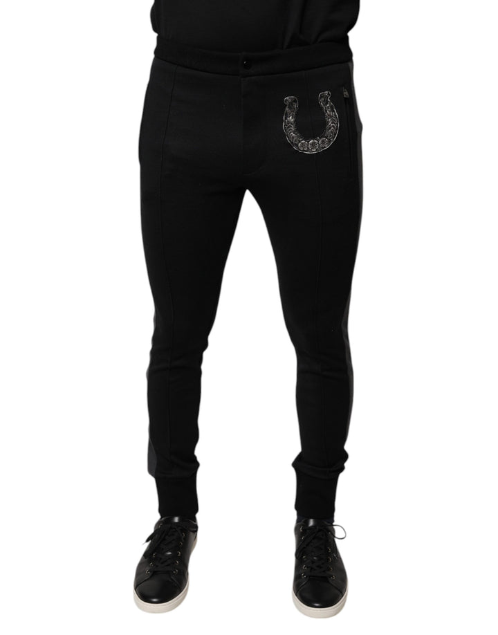 Pantalon slim en laine noir orné de fers à cheval Dolce & Gabbana