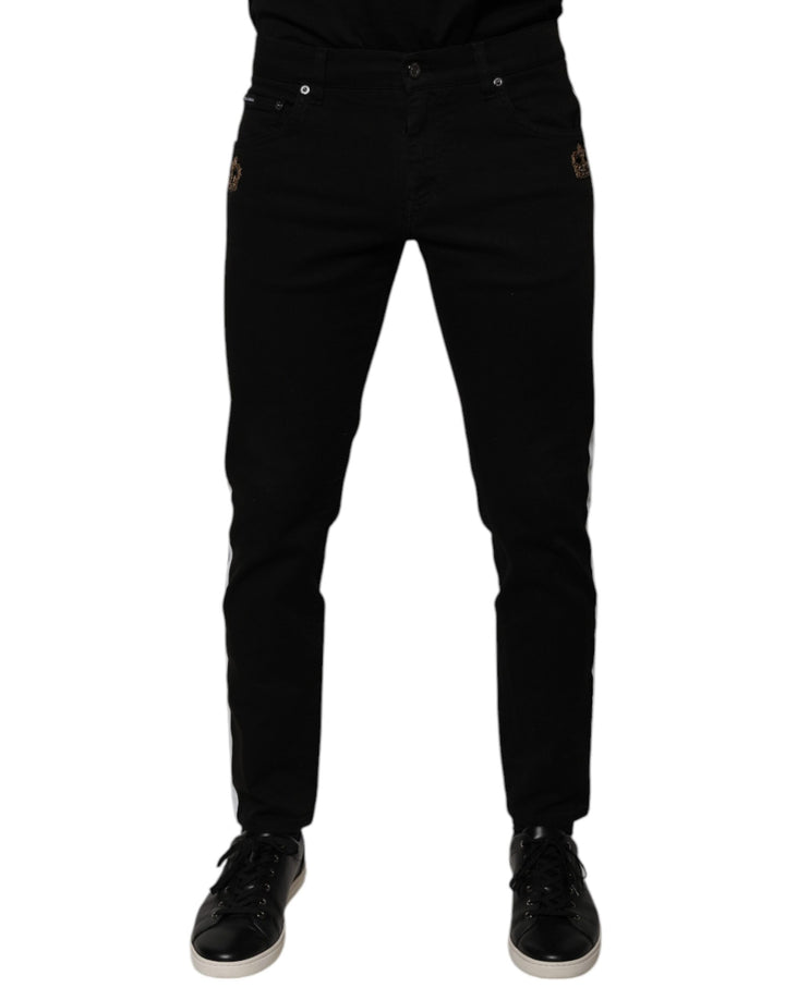 Jeans slim en denim Dolce & Gabbana noirs, motif couronne, doublure blanche