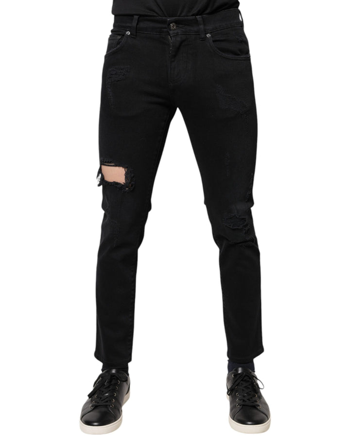 Dolce & Gabbana Jean Skinny en Coton Noir Effiloché avec Logo