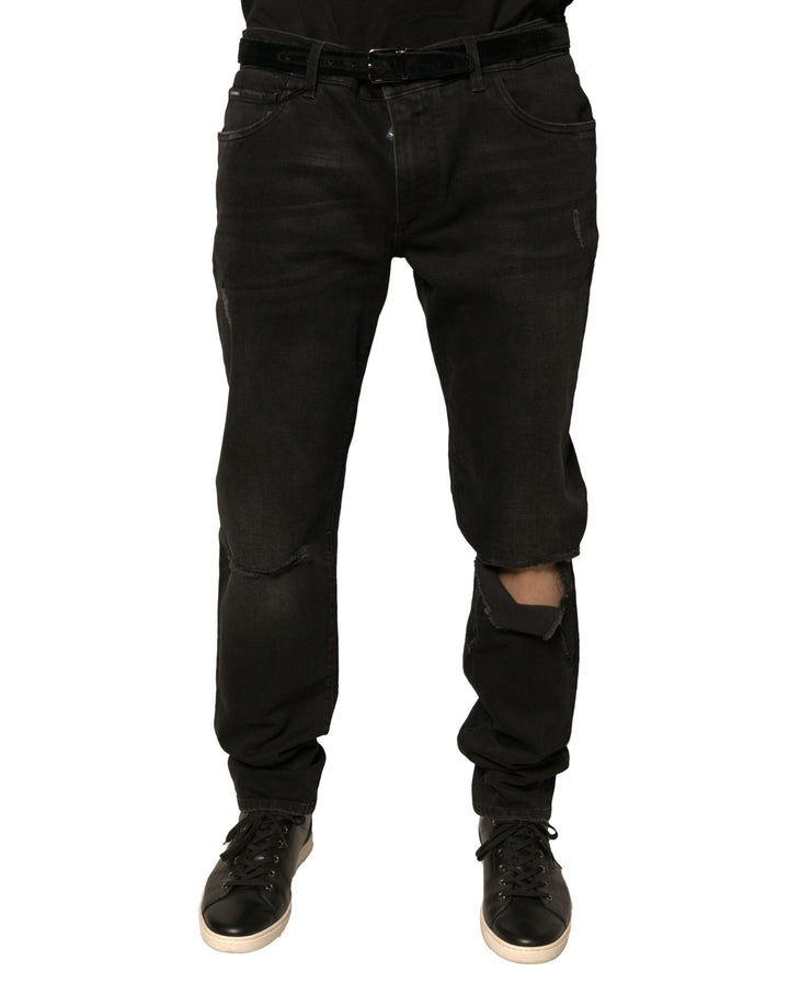 Jean skinny en denim de coton noir déchiré à logo Dolce & Gabbana