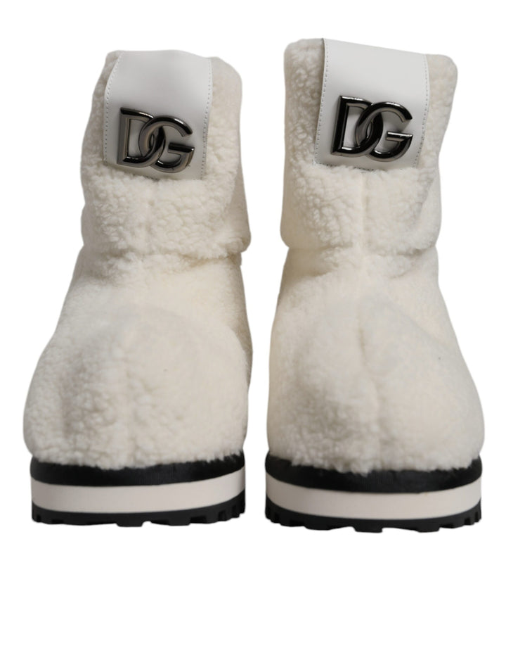 Bottes Mi-Mollet Rembourrées Logo en Peluche Blanches Dolce & Gabbana