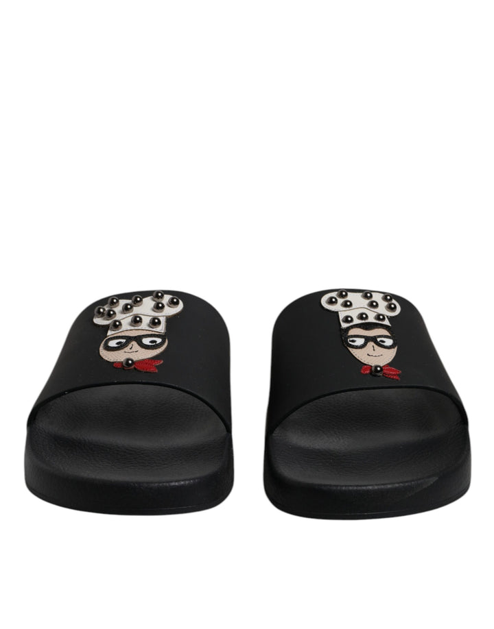 Dolce & Gabbana Sandales plates en cuir noir Chaussures de plage