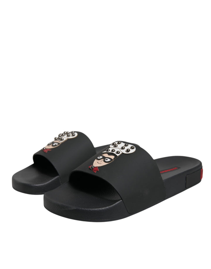 Dolce & Gabbana Sandales plates en cuir noir Chaussures de plage