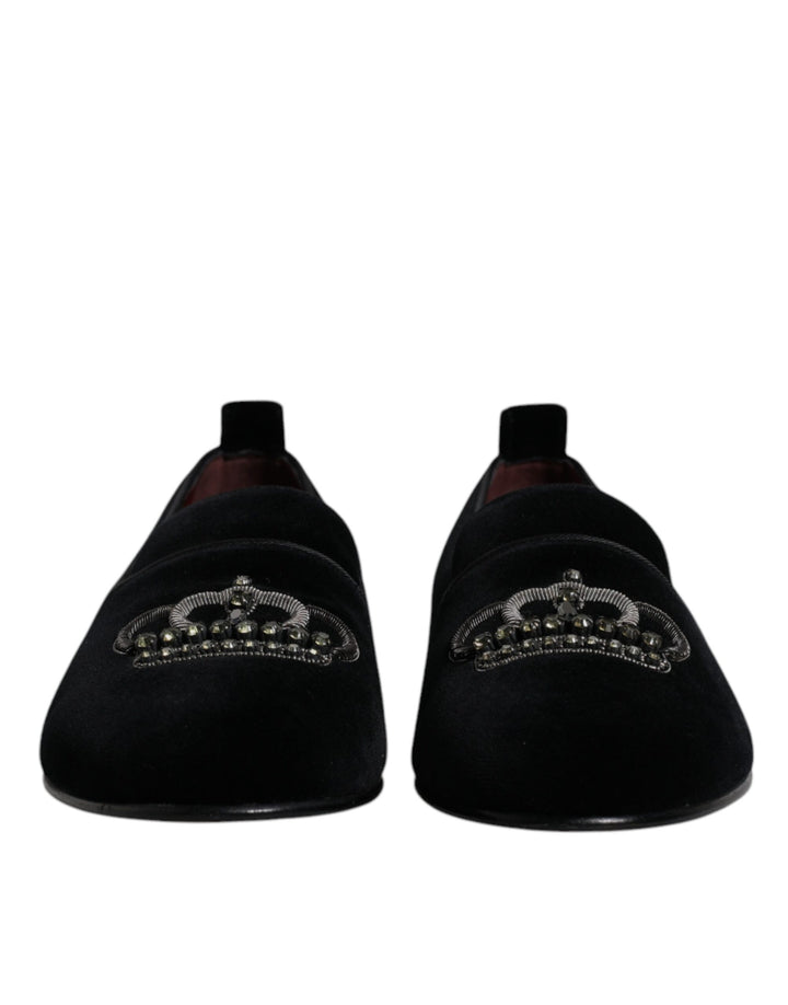 Zapatos de vestir formales Dolce & Gabbana negros de terciopelo con corona de cristal