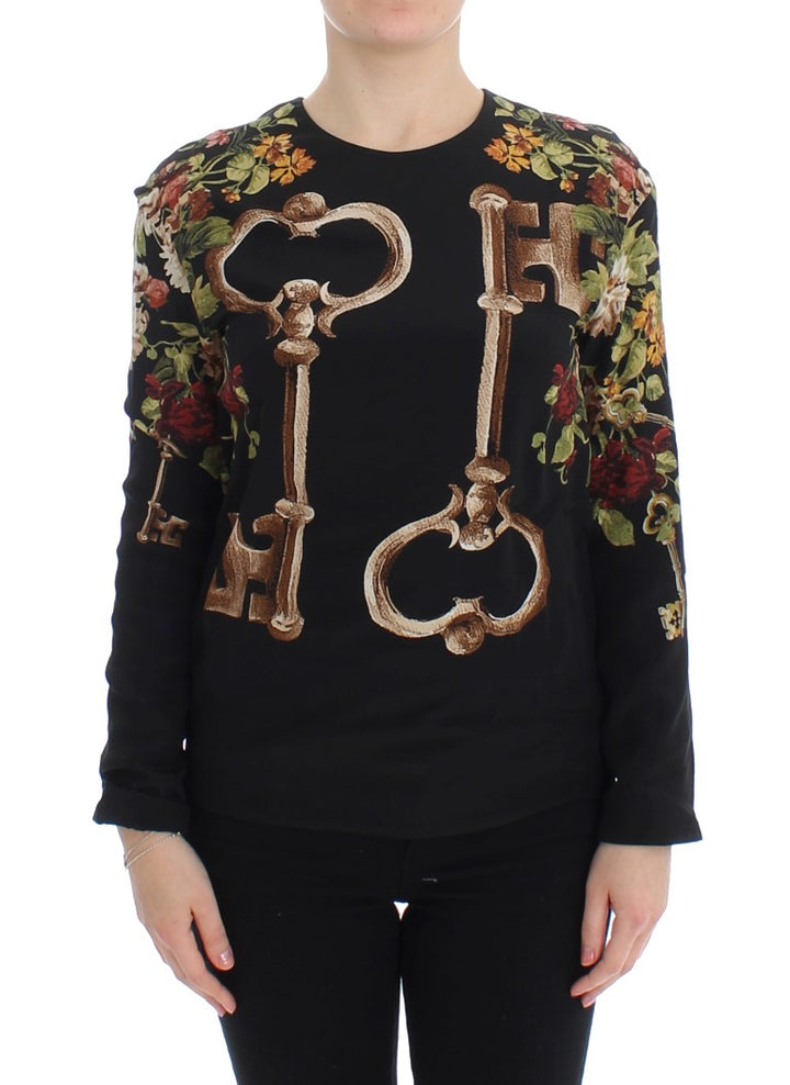 Top blusa de seda Dolce & Gabbana negra con estampado floral de llaves