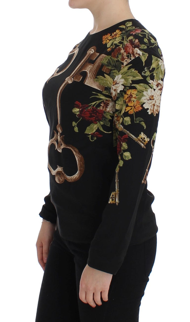Top blusa de seda Dolce & Gabbana negra con estampado floral de llaves