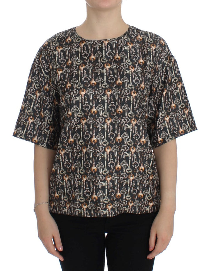 Blusa de seda gris con estampado de llave dorada Dolce & Gabbana