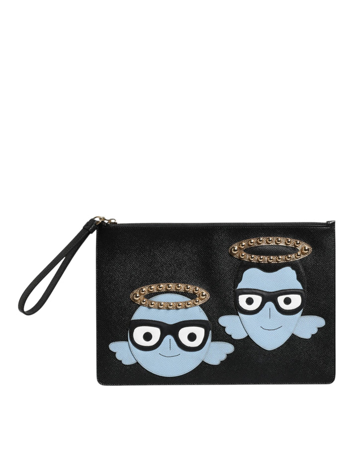 Cartera de mano con cremallera para hombre Dolce & Gabbana de cuero negro adornada con #DGFAMILY