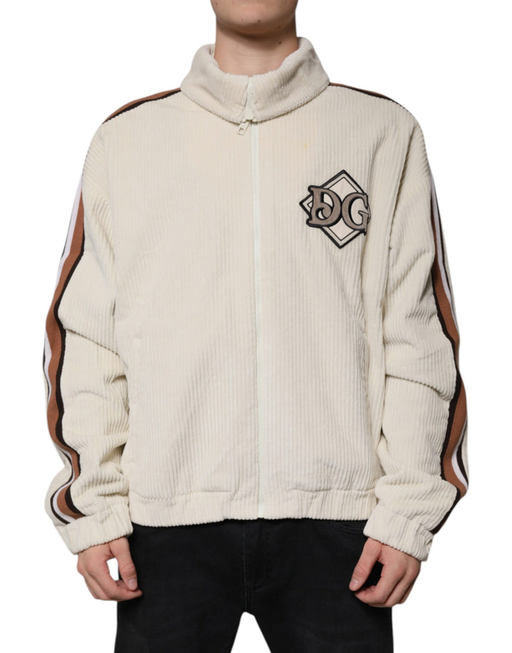 Veste en velours côtelé de coton beige Dolce & Gabbana avec logo appliqué et fermeture éclair intégrale