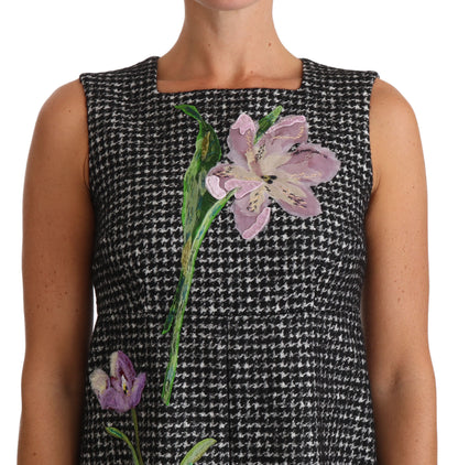 Mini-robe droite Dolce & Gabbana gris pied-de-poule à appliqués floraux