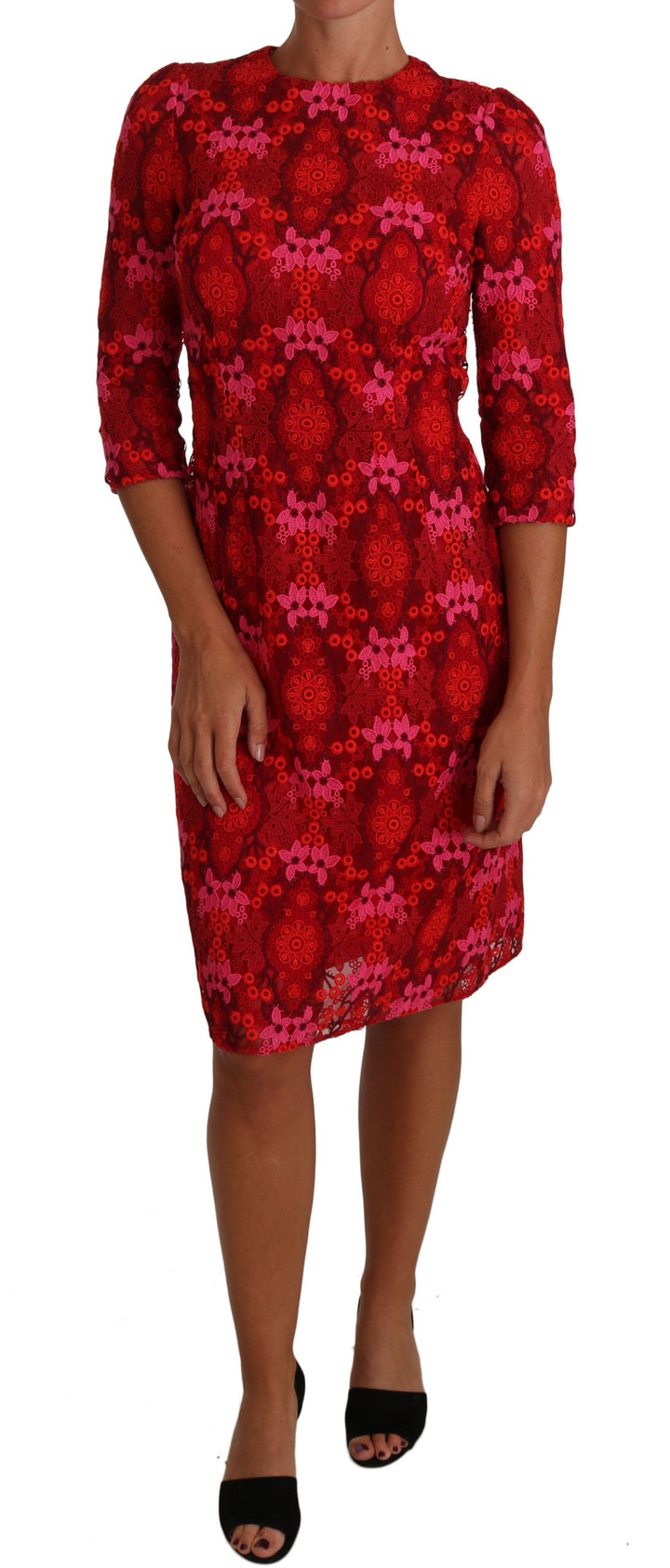 Vestido entallado de encaje floral de ganchillo rojo y rosa de Dolce & Gabbana