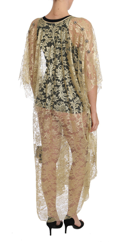 Robe de soirée Dolce & Gabbana en dentelle florale dorée et cristaux avec cape