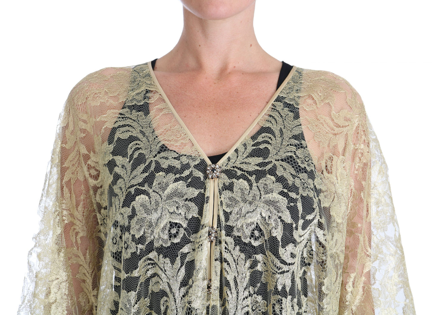Robe de soirée Dolce & Gabbana en dentelle florale dorée et cristaux avec cape
