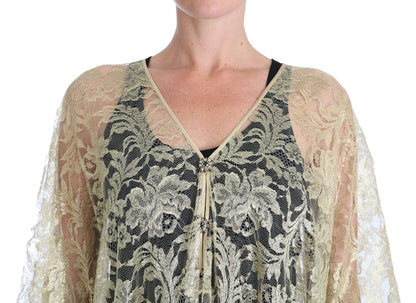 Robe de soirée Dolce & Gabbana en dentelle florale dorée et cristaux avec cape