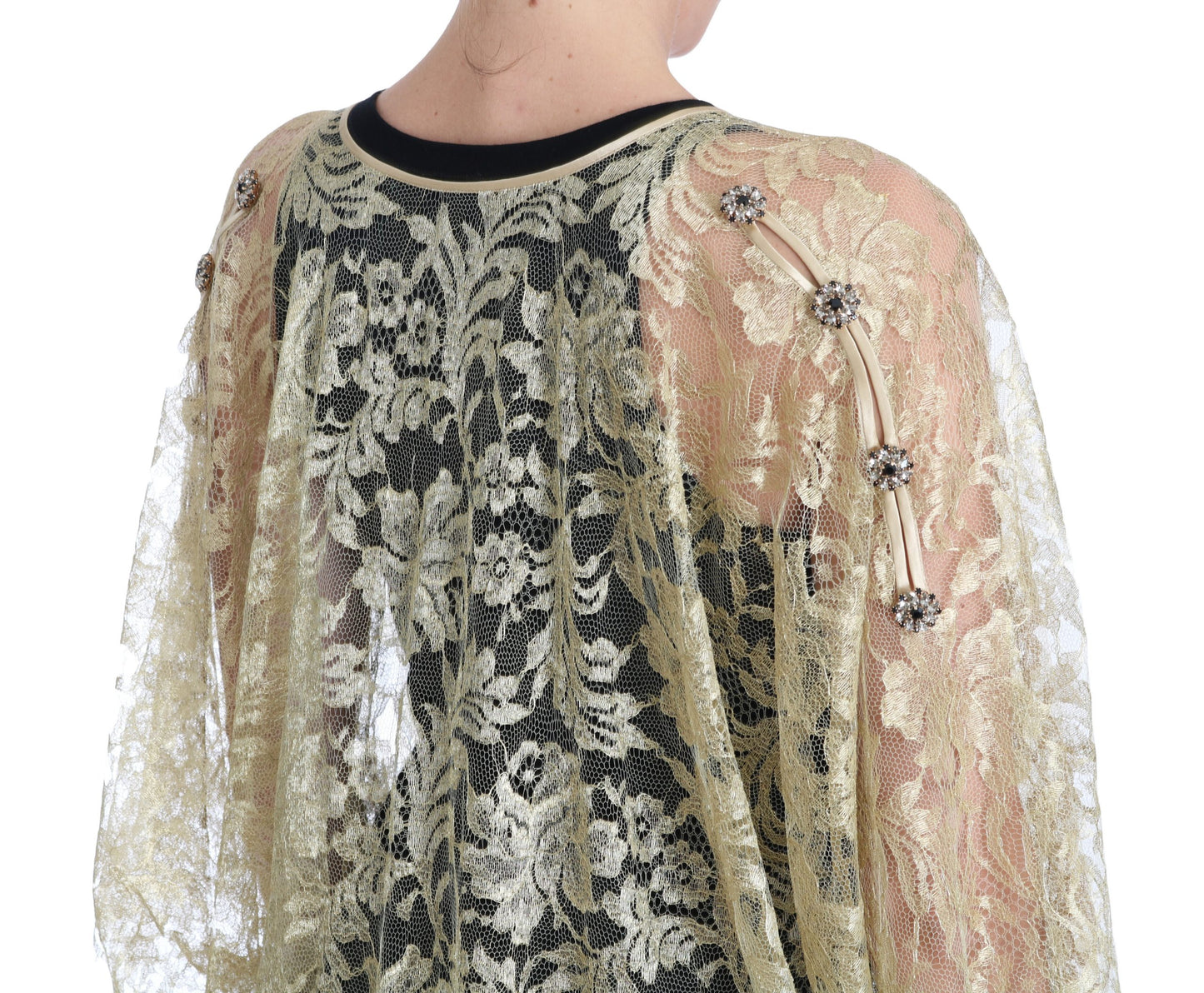Robe de soirée Dolce & Gabbana en dentelle florale dorée et cristaux avec cape