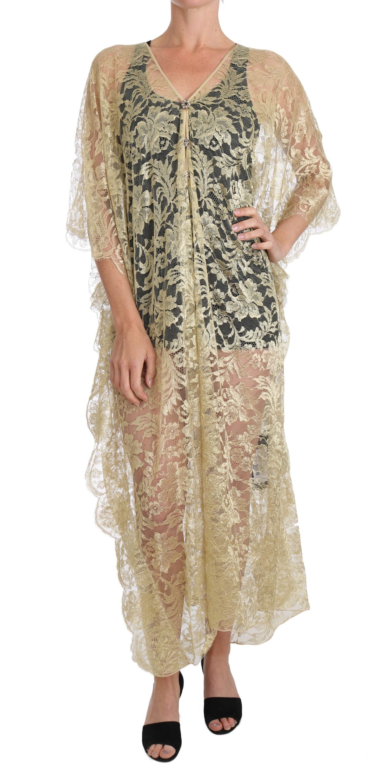 Robe de soirée Dolce & Gabbana en dentelle florale dorée et cristaux avec cape