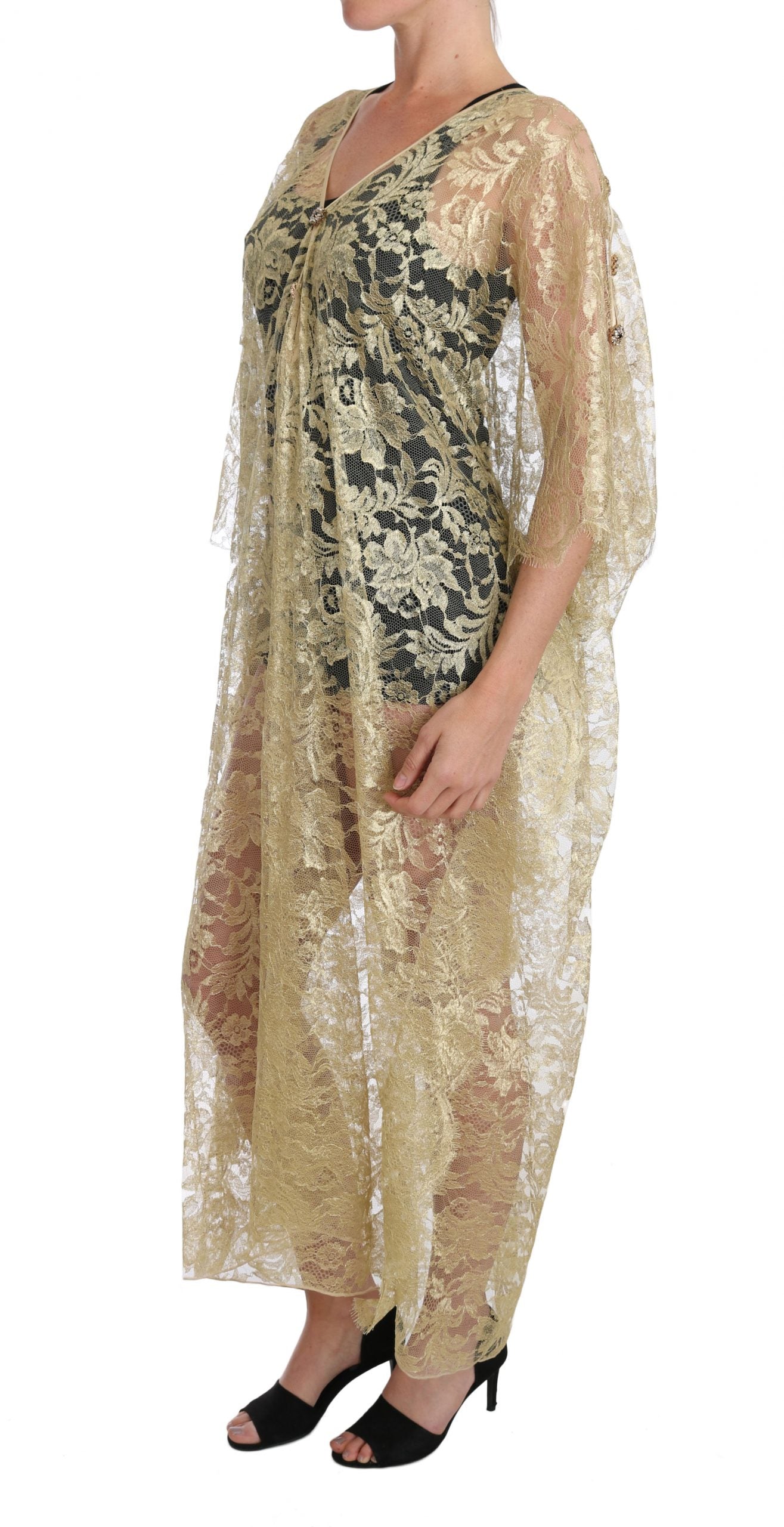 Robe de soirée Dolce & Gabbana en dentelle florale dorée et cristaux avec cape
