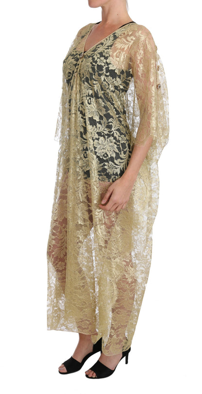 Robe de soirée Dolce & Gabbana en dentelle florale dorée et cristaux avec cape