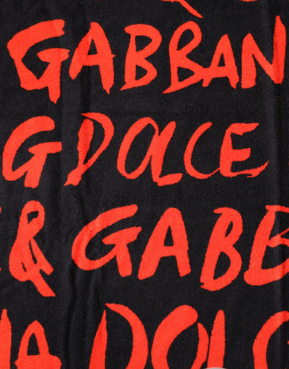 Serviette de Plage Dolce & Gabbana en Coton Noir Imprimé Logo Rouge