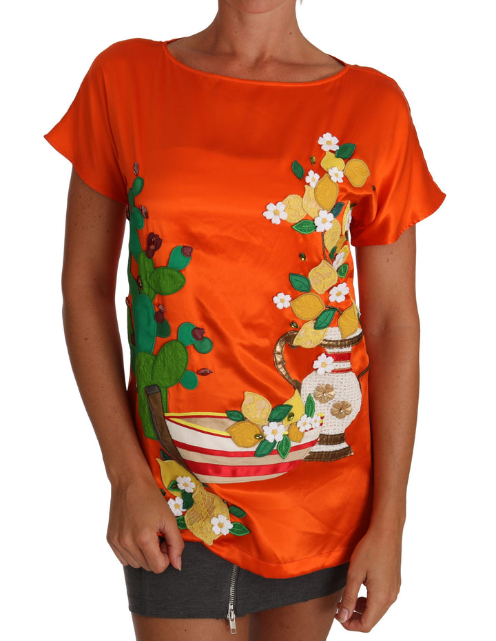 Camiseta-Top Dolce & Gabbana de seda naranja con cristales y limones