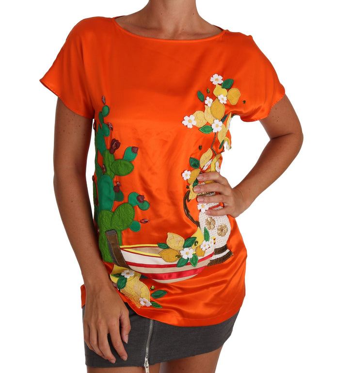 Camiseta-Top Dolce & Gabbana de seda naranja con cristales y limones