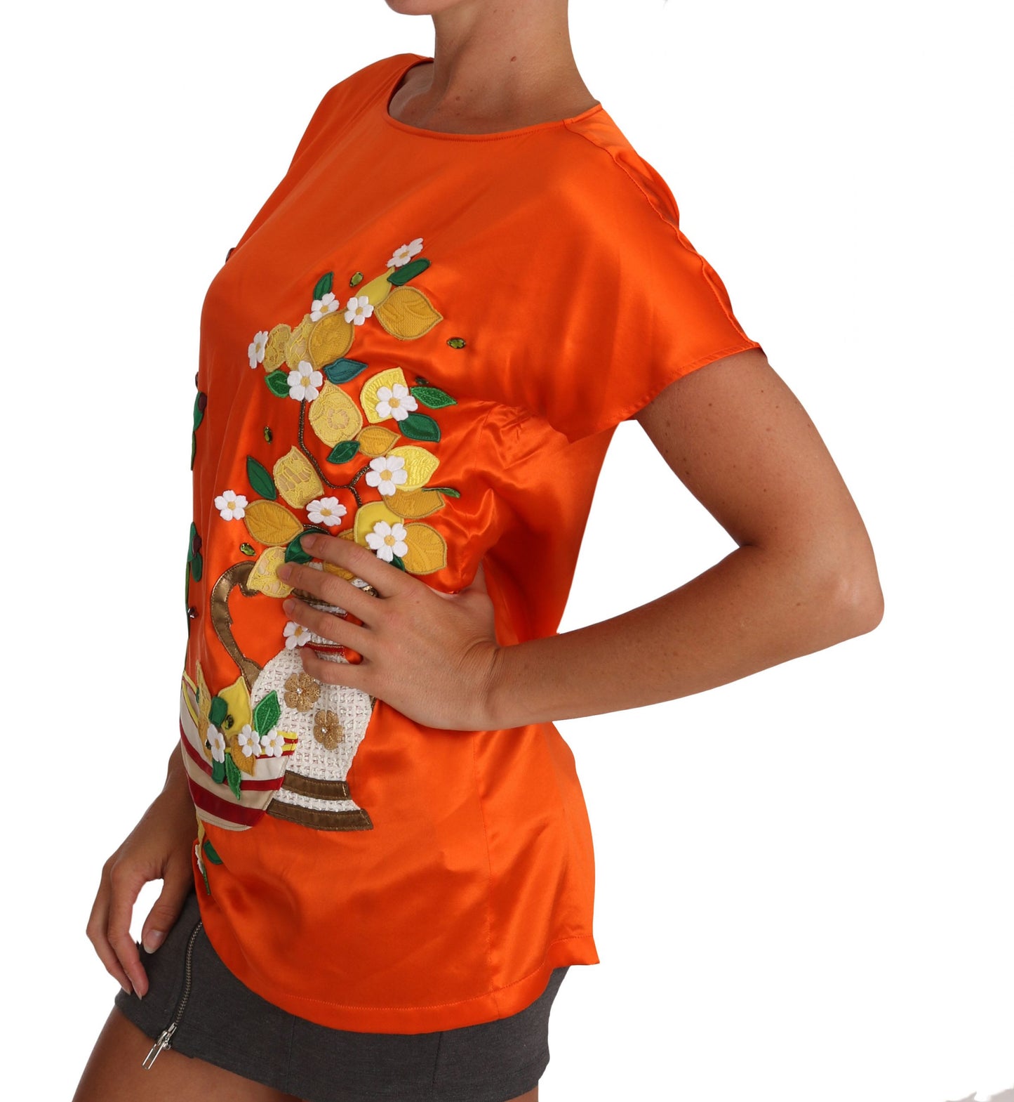 T-shirt Dolce & Gabbana en soie orange avec citrons et cristaux