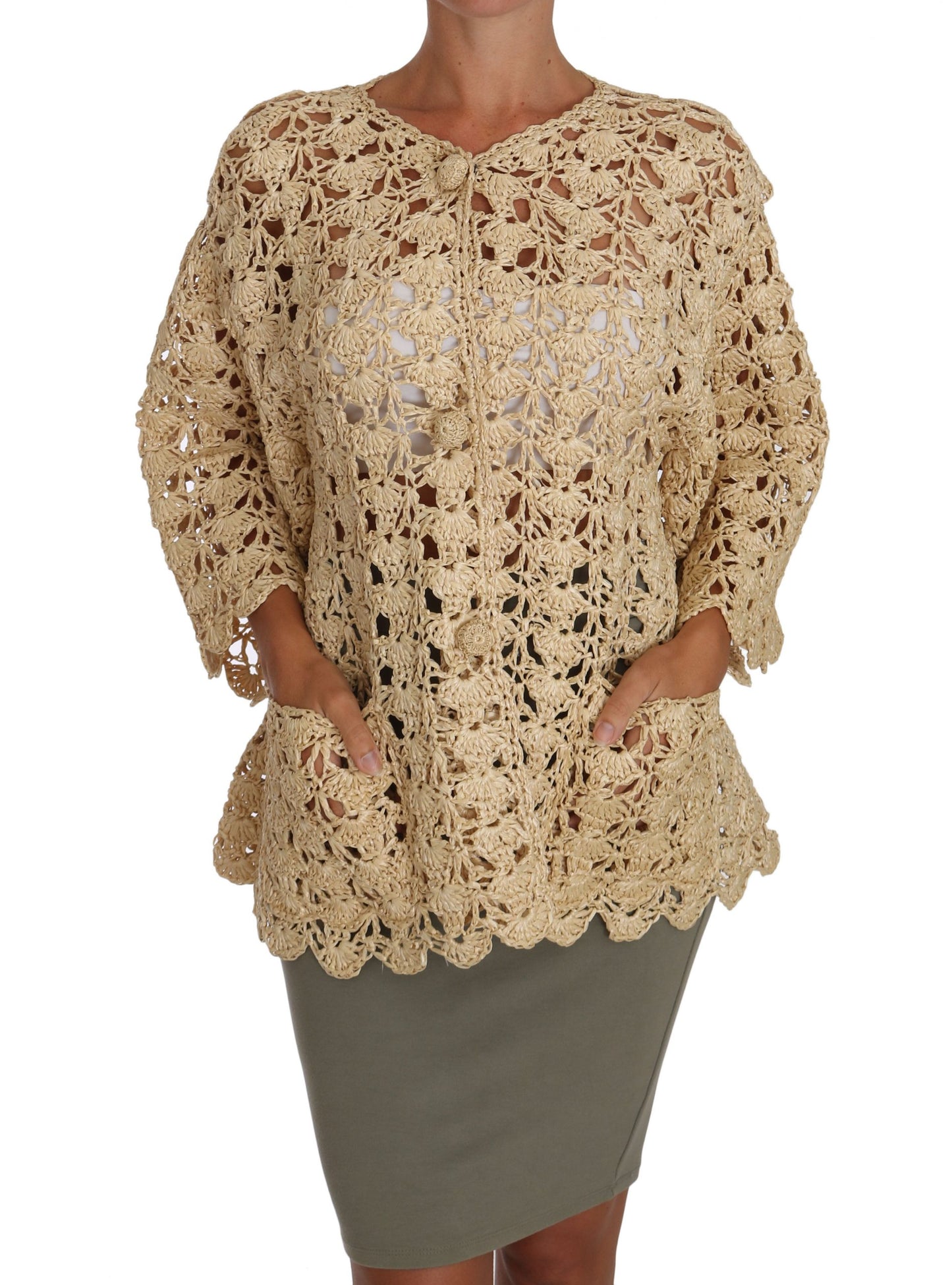 Gilet Dolce & Gabbana beige en maille crochet et raphia