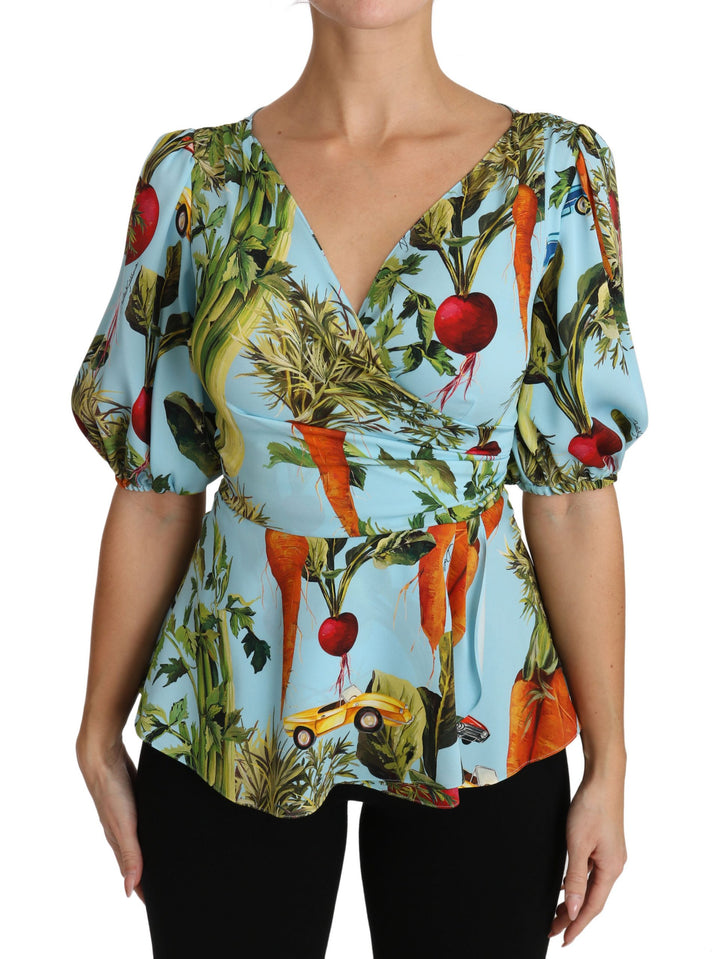 Top peplum cruzado de seda con estampado de vegetales multicolor de Dolce & Gabbana