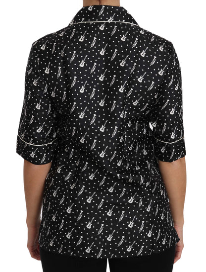 Haut Chemise en Soie Imprimé GuitareTrompette Noir Dolce & Gabbana